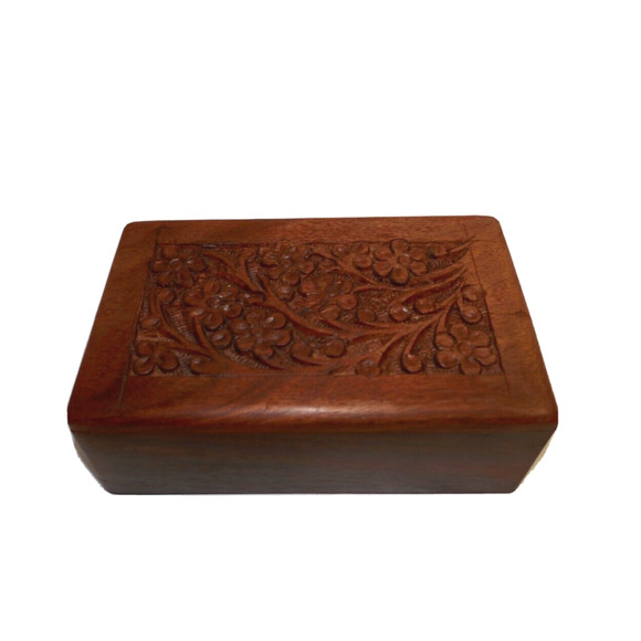 Handcarved Floral Keepsake Wood Jewelry Box With Slide open Bottom - Picture 8 of 16